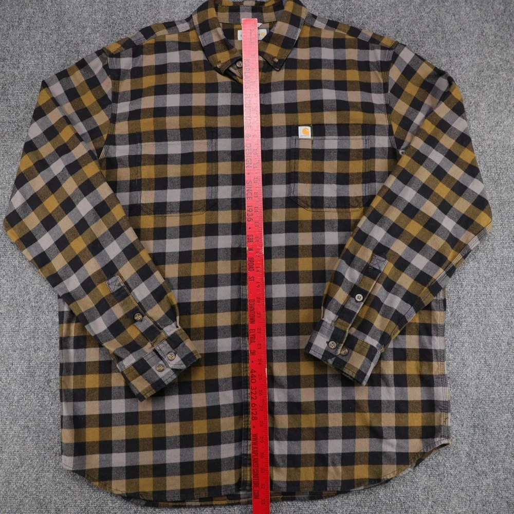 Carhartt Mens Relaxed Fit Plaid Button Down Flannel Shirt XL Tall Mustard Gray